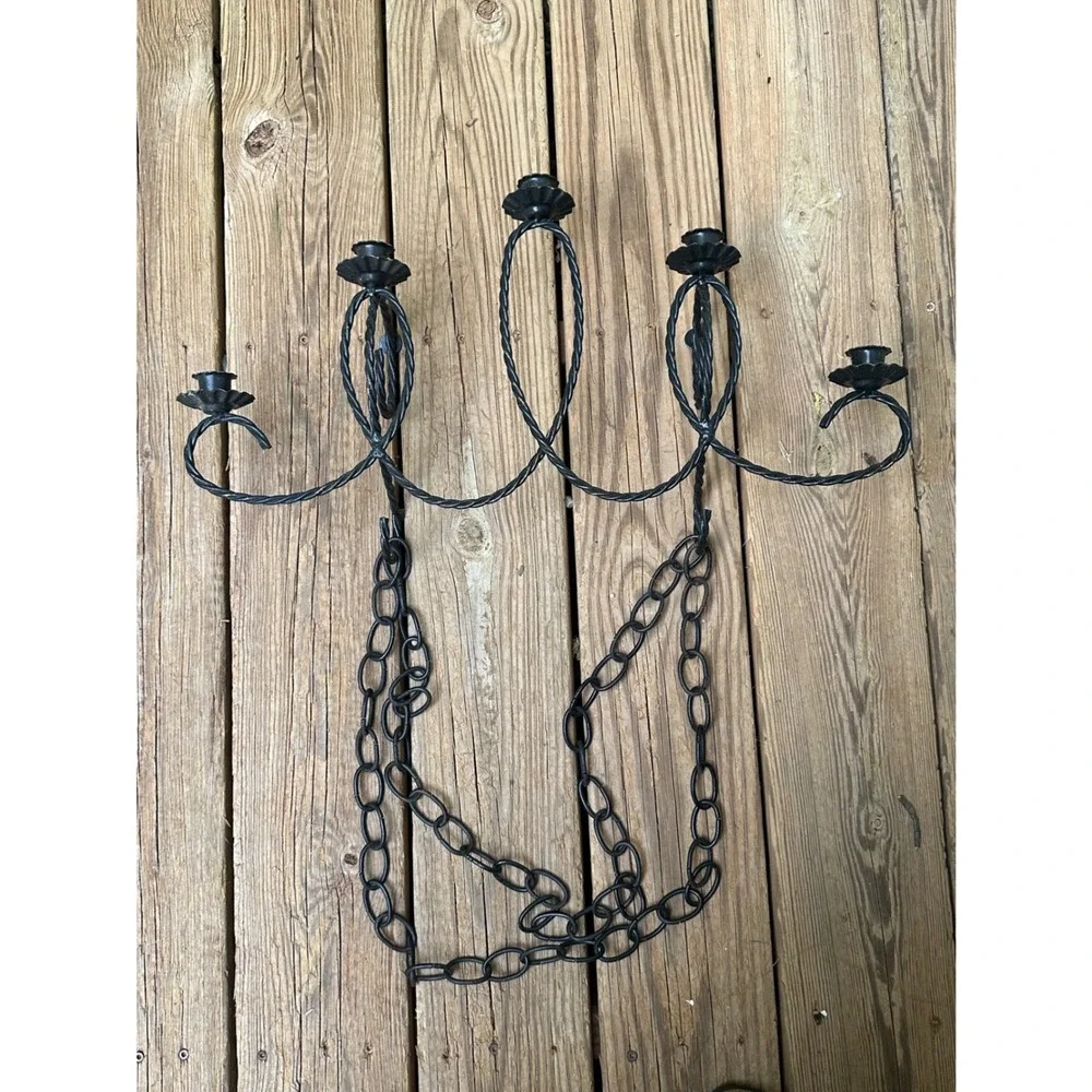 Vintage Black Wrought Iron 5 Light Hanging Candelabra Twisted Metal Gothic Decor